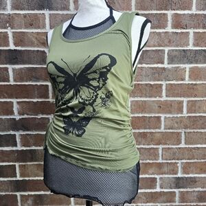 Thorn & Fable Butterfly Mesh Layered Tank Top Olive Green Ruched Side Grunge Y2K